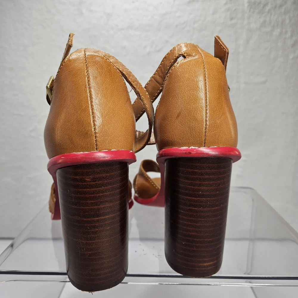 Kelsi Dagger Barcelona Cognac Leather Block Heel Sandals 7.5M